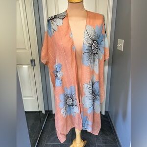 Peach & Blue Floral Kimono Lightweight Cardigan Swim Coverup‎